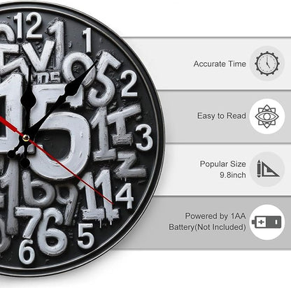 Wall Clock, Abstract Numeric Non Ticking Wall Clocks Battery Operated, Grey Wooden Wall Clocks for Kitchen, Living Room, Bedroom, Office, Bathroom Decorative 10 Inch