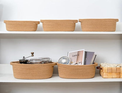 CubesLand Small Cotton Rope Storage Basket Set 5, Shelves Baskets for Organizing with Handle, Decorative Closet Storage Bins for Countertop Toilet Paper Basket for Toilet Tank Top,Brown Basket