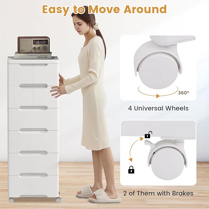 LOKO 7-Drawer Plastic Rolling Storage Cart, Mobile Storage Cabinet with 4 Universal Wheels, Vertical Storage Tower Container Unit for Living Room, Bedroom, Home Office, White (16”x13"x45” (7 Drawers))