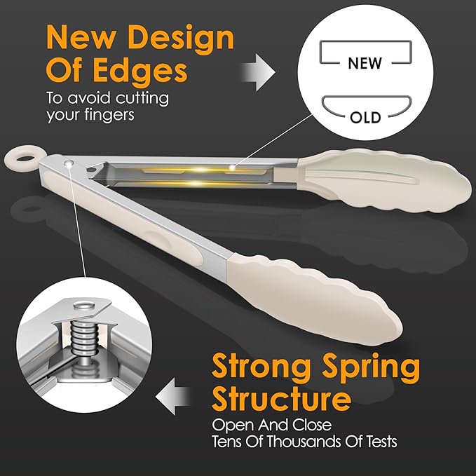 HOTEC Premium Stainless Steel Locking Kitchen Tongs with Silicon Tips, Set of 3-7", 9" and 12" (Khaki)