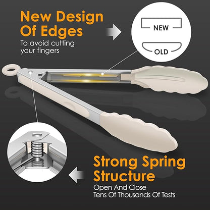 HOTEC Premium Stainless Steel Locking Kitchen Tongs with Silicon Tips, Set of 3-7", 9" and 12" (Khaki)