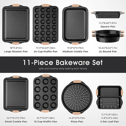 11-Piece Baking Pans Set, Nonstick Bakeware Sets, Oven Pans for Baking with Silicone Handles, Includes Cookie Sheet, Cake Pans, Loaf Pan, Pizza Pan, Muffin Pan, Khaki&Black