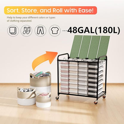 Laundry Sorter 4 Sections 48 Gal, Rolling Laundry Basket with Lockable Wheels and Lid, Laundry Hamper with 4 Separated Removable Bags Dirty Clothes Hamper for Laundry Room Organizer, Green