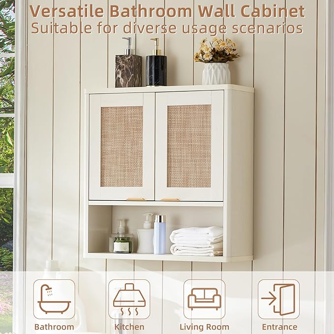 LEYAOYAO Rattan Bathroom Wall Cabinet, Boho Medicine Cabinet with Adjustable Shelve & Doors, Over The Toilet Storage Cabinets Organizer for Laundry Room, Kitchen, Living Room, White