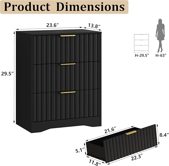 Fluted 3 Drawer Dresser for Bedroom, 30" Tall Modern Wood Dressers Chest of Drawers with Metal Handle, Large Nightstand End Table for Living Room, Closet, Entryway, Black
