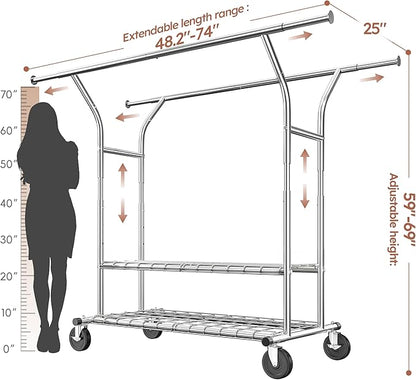 Raybee 74" W Heavy Duty Clothes Rack, Double Rods Clothing Rack Load 630 LBS, Rolling Clothes Racks for Hanging Clothes 400+, Garment Rack for Bedroom, Laundry Room, Retail Store