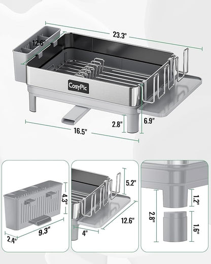 Dish Racks, Thicker Premium 304 Stainless Steel Dish Drying Rack for Kitchen Counter, Automatic Drainage Spout, Dish Drainer & Drainboard Set with Utensil Holder and Cup Holder, Grey