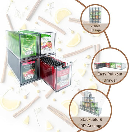 AZEZO 4-Pack Tea Bag Drawers Organizer - 4 Clear Plastic Drawer Tea Bag Holder; Stackable & Portable; Wider Size; Well-Organized Storage for Tea Bags & Kitchen Essentials