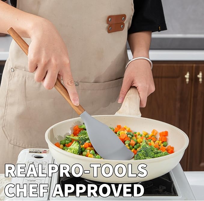 Silicone Spatula 2pcs Good Grips Silicone Spatula Food Grade Rubber Spatulas Acacia Solid Strong Handle Heat Resistant Up to 600°F for Nonstick Cookware, Cooking Spoons