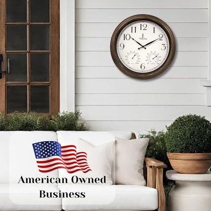 Outdoor Clocks for Patio Large Waterproof with Thermometer - 18 inch Indoor Outdoor Wall Clock with Temperature and Humidity Combo - Weatherproof, Accurate & Easy to Read for Pool, Garden & Home Decor