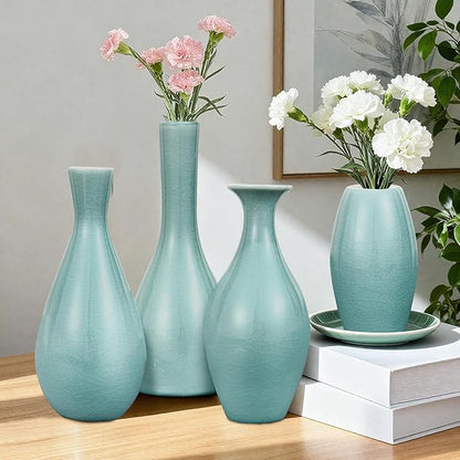 Ceramic Vase Set of 4, Elegant Azure Color Vase for Rustic Modern Home Decor, Crackled Ice Patterns Glaze Decorative Vases for Living Room, Kitchen,Table,Shelf,Office,Housewarming,Gift