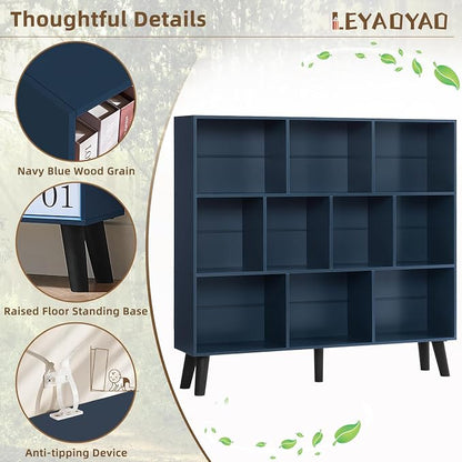 LEYAOYAO 10 Cube Bookshelf,3 Tier Modern Wide Bookcase with Legs,Mid-Century Wood Bookshelves Storage，Dark Blue Large Book Case,Freestanding Organizer Display Shelf for Bedroom,Living Room,Office