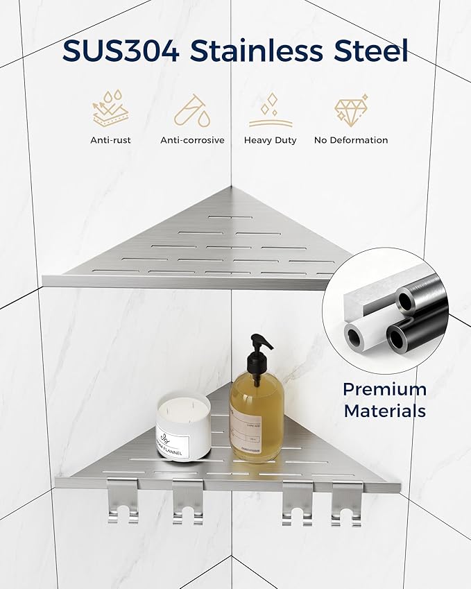 Corner Shower Shelf 10'', 304 Stainless Steel Corner Shelf 2 Pack, Grout in Bathroom Shelves for Tiled Wall, Recessed Shower Shelves Caddy with 4 Hooks, No Drilling (Brushed Nickel)