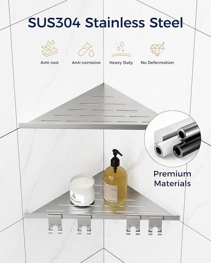 Corner Shower Shelf 10'', 304 Stainless Steel Corner Shelf 2 Pack, Grout in Bathroom Shelves for Tiled Wall, Recessed Shower Shelves Caddy with 4 Hooks, No Drilling (Brushed Nickel)