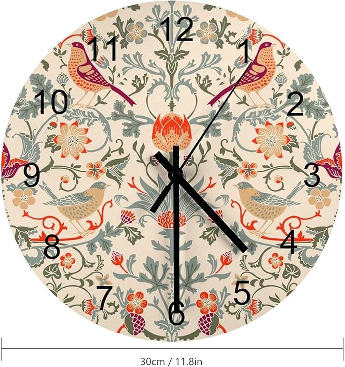 William Morris Wall Clock, Vintage Art White Rustic Floral Botanical Bird Round Clocks Wall Decor Silent No Ticking 12 Inch Wooden Clock for Bedroom Living Room Home Office