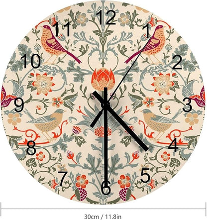 William Morris Wall Clock, Vintage Art White Rustic Floral Botanical Bird Round Clocks Wall Decor Silent No Ticking 12 Inch Wooden Clock for Bedroom Living Room Home Office