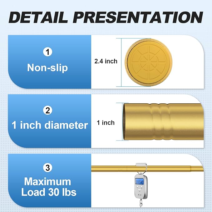 CorkLatta Gold Shower Curtain Rod 31 to 104 Inch,1 Inch Diameter Adjustable Spring Tension Curtain Rod No Drilling Stainless Steel Telescoping Rod,No Rust