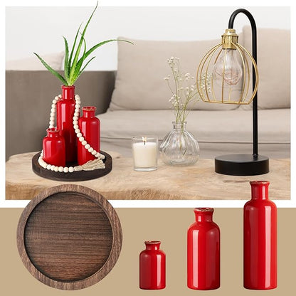 5 Pcs Rustic Country Tabletop Centerpieces Decor Set of 3 Boho Ceramic Vases with Wooden Serving Tray Wood Bead Garland Tassels Table Holder for Home Decorations (Red)
