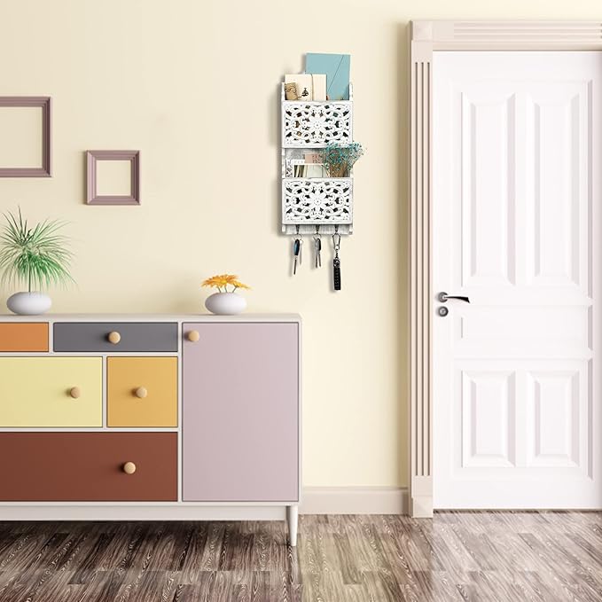 Key and Mail Holder for Wall Mail Holder for Wall, 2-Slot Mails Organizer with 3 Hooks, Key Hangers Rustic Wooden Walls Organizers for Letter Magazines