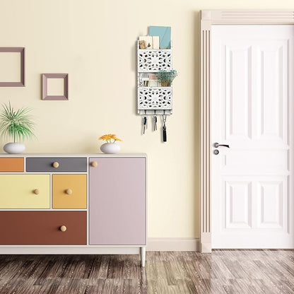 Key and Mail Holder for Wall Mail Holder for Wall, 2-Slot Mails Organizer with 3 Hooks, Key Hangers Rustic Wooden Walls Organizers for Letter Magazines