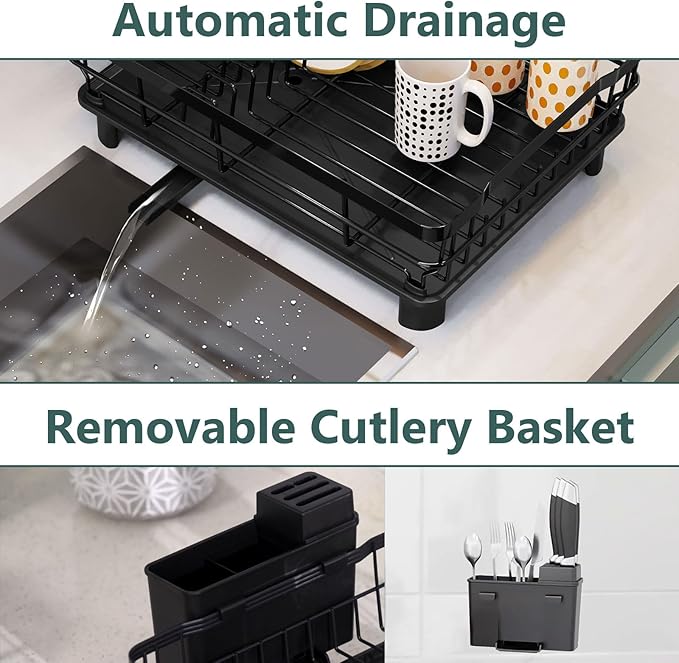 AIDERLY Metal Dish Drying Rack Automatic Drainage, Black, Large | Removable Cutlery Basket, Drainboard & Knife Slots, Dish Drainers, for Kitchen Counter Sink