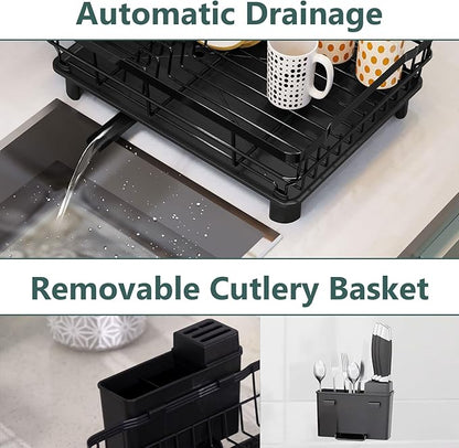 AIDERLY Metal Dish Drying Rack Automatic Drainage, Black, Large | Removable Cutlery Basket, Drainboard & Knife Slots, Dish Drainers, for Kitchen Counter Sink