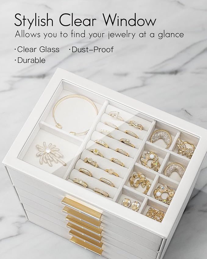 Vlando 6 Layer Jewelry Box for Women, Glass Lid Jewelry Organizer with 6 Drawers for Necklaces Rings Earrings Bracelets - White