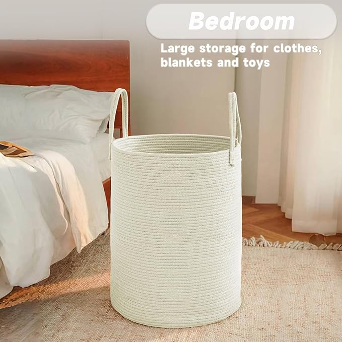 JMvicyroam Large Woven Laundry Basket Hamper,100L Cotton Rope Storage Bin for Blankets,Toys and Clothes,Decorative Tall Nursery Hamper for Living Room,Baby Nursery,Bathroom and Bedroom,White