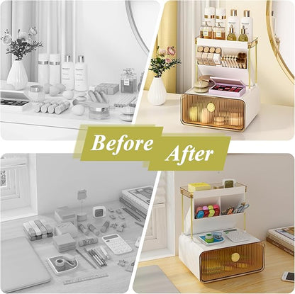 FOLLOWIN 3 Tiers Makeup Organizer with Drawer,Cosmetic Display with Lipsticks Brush Holder,Cosmetics and Beauty Supplies Organizers for Vanity,Dresser,Bathroom Desktop Countertop Organizer,Amber