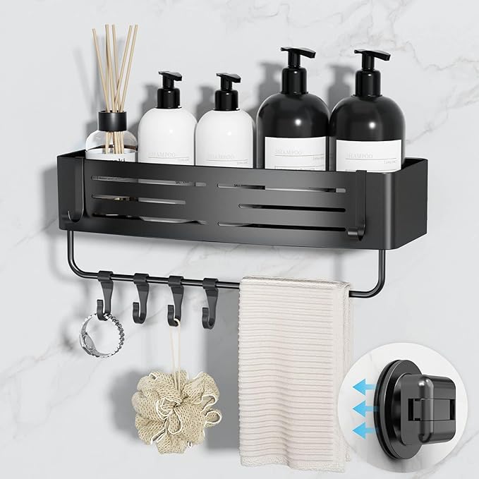 Onemake Suction Cup Shower Caddy, Suction Shower Shelf with Portable Hooks, Bath Organizer with Towel Bar for Bathroom Storage(Matte Black)