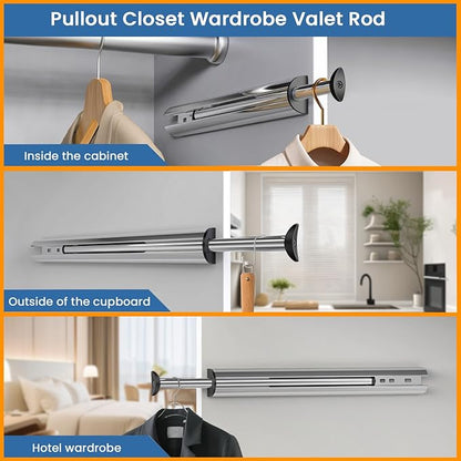 Valet Rod 14-Inch, Pull-Out Closet Clothes Closet Hanging RodMetal Telescoping Adjustable, Rust-Free Closet Hanging Clothes Hat Rack Rod (Mounting Screws Included)-Silver White