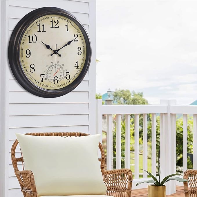 16 Inch Large Outdoor Clock, Waterproof Wall Clock with Thermometer, Battery Operated Silent Non-Ticking Vintage Wall Clock Quartz Round Clock Home Decor,Black Bronze