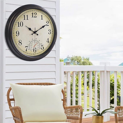 16 Inch Large Outdoor Clock, Waterproof Wall Clock with Thermometer, Battery Operated Silent Non-Ticking Vintage Wall Clock Quartz Round Clock Home Decor,Black Bronze