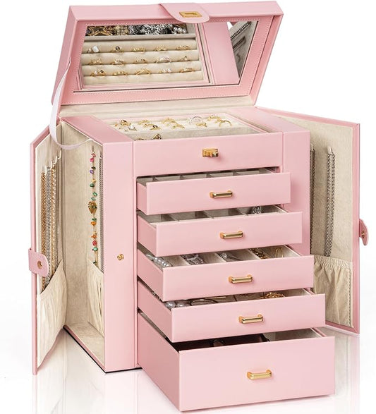 AKOZLIN 6-Tier Jewelry Box Organizer Functional 5 Drawers Leather Jewelry Storage Case for Women Girls Ring Necklace Earring Bracelet Holder Organizer with Mirror Light Pink Large