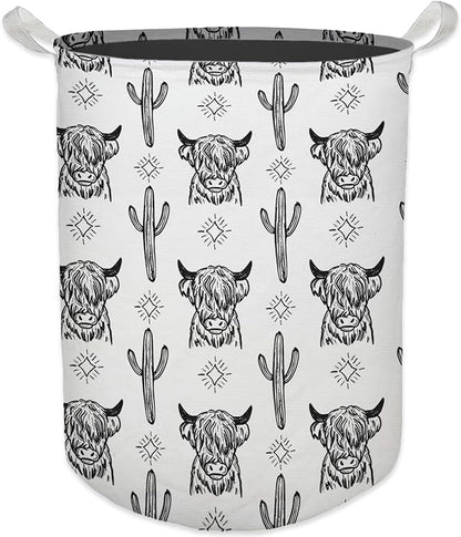 Western Laundry Basket, Retro Highland Cow Cactus Collapsible Laundry Hamper - Waterproof, Dirty Clothes Storage Bin - Perfect for Bathroom, Bedroom, Home Decor