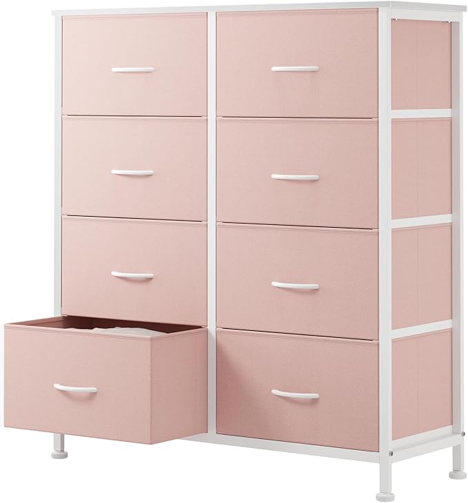 Sweetcrispy 8 Drawer Fabric Dresser for Bedroom, Tall Double Dresser Chest of Drawers with Sturdy Steel Frame and Wooden Top, Closet Living Room Storage Organizer with Easy Pull Handles,Pink