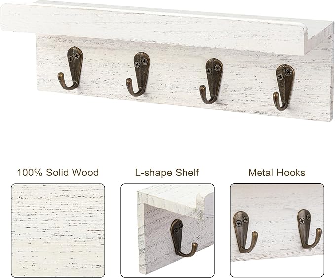 Rustic Key Holder for Wall, Farmhouse Wall Shelf with 4 Hooks, Wall Mounted Key Racks, Wooden Mail Organizer with Hooks for Entryway (White)