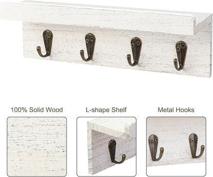 Rustic Key Holder for Wall, Farmhouse Wall Shelf with 4 Hooks, Wall Mounted Key Racks, Wooden Mail Organizer with Hooks for Entryway (White)