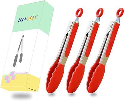 HINMAY 7-Inch Mini Silicone Tongs Small Serving Tongs for Appetizers, Set of 3 (Red)