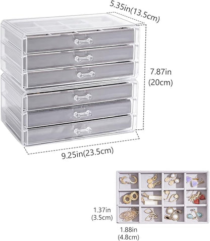 Lolalet Earring Holder Organizer Box Jewelry Storage with 6 Drawers, Clear Acrylic Stackable Earring Case with Adjustable Velvet Trays for Women on Dresser Vanity -Grey, 6 Layers