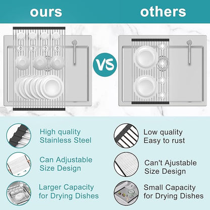 Extra Large Expandable Roll Up Dish Drying Rack,Over The Sink Drying Rack Sink Cover Kitchen Sink Accessories Kitchen Rolling up Stainless Steel Drainer, Foldable,Rollable（Black，25.1''-12.4''）