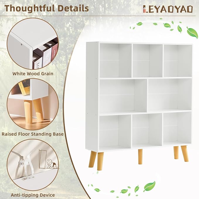 LEYAOYAO 8 Cube Bookshelf,3 Tier Bookcase with Legs,White Mid-Century Modern Bookshelves,Large Open Storage Organizer Shelf, Wooden Book Case
