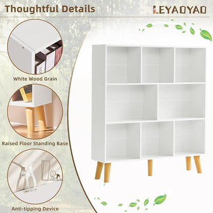 LEYAOYAO 8 Cube Bookshelf,3 Tier Bookcase with Legs,White Mid-Century Modern Bookshelves,Large Open Storage Organizer Shelf, Wooden Book Case