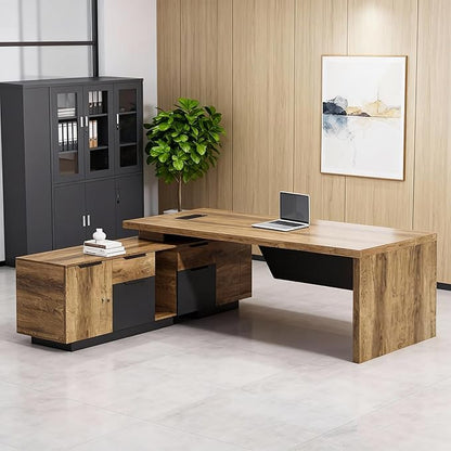 SAINTCY L-Shaped Executive Desk, Retractable Office Desk with Drawers, Large Wood Computer Desks for Boss, Bussiness Owners, Manangers and Supervisors, Adjustable Width (Left Return, 86.6" to 94.5")