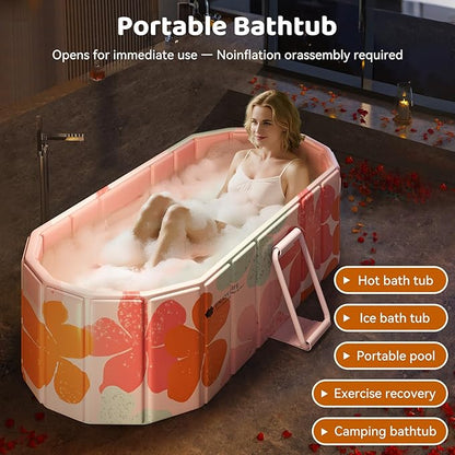 Portable Foldable Bathtub, Freestanding Bathtub No Installation, Bathroom SPA Soaking Bath Tub, Shower Stall Collapsible Hot & Ice Bath for Indoor Outdoor (Pink, 59"L x 21.6"W x 19.6"H)