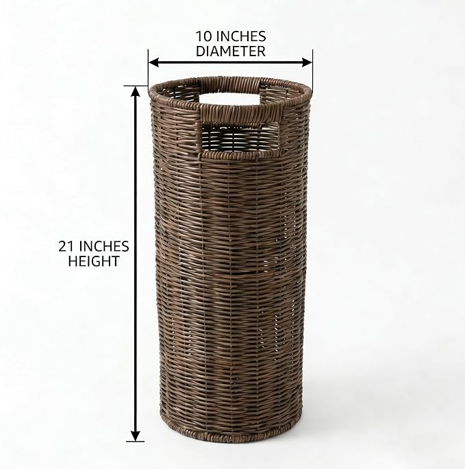 Rattan Umbrella Holder for Entryway with Drip Tray, 21''H Round Umbrella Stand for Indoor & Outdoor, Tall Wicker Basket for Storage, Woven Organizer for Home, Office, Hotel, Shop, Brown