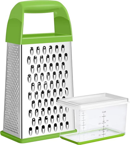 Urbanstrive Cheese Grater With Container, Professional Cheese Grater with Handle, Stainless Steel Graters for Kitchen Handheld, Box Grater with 4 Sides for Vegetables, Ginger, Potatoes (Green)