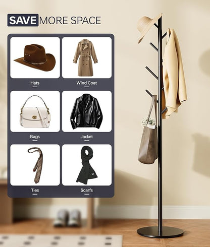 Coat Rack with 8 Hooks, 3 Adjustable Heights, Modern Hall Tree, Sturdy Metal Clothes Stand with Sintered Stone Base for Entryway, Office, Bedroom, for Coats, Hats, Handbags and Scarves, Black