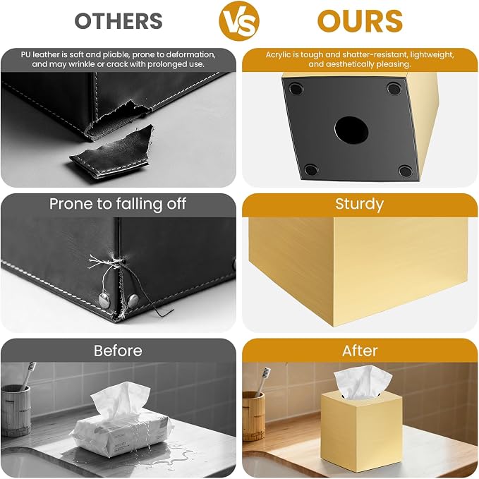 2 Pack Tissue Box Cover, Square Acrylic Tissue Holder, Decorative Facial Tissue Box Vessel Cube Paper Organizer Dispenser for Bathroom Office, Night Stand, Desk, Car, Vanity, Countertops, Gold