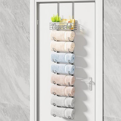 HapiRm Towel Racks for Bathroom Storage - 9 Tier Over The Door & Wall Mount Rolled Towel Storage Organizer Holder with Metal Shelf Basket for Small Bathroom, Camper, Rv - Sliver, Patented